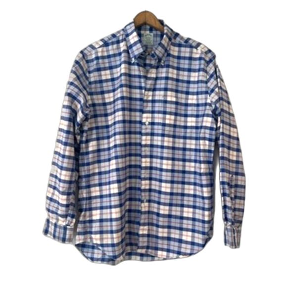 Brooks Brothers Dress Shirt Large Blue White Check Plaid Milano Button Down - Picture 1 of 6